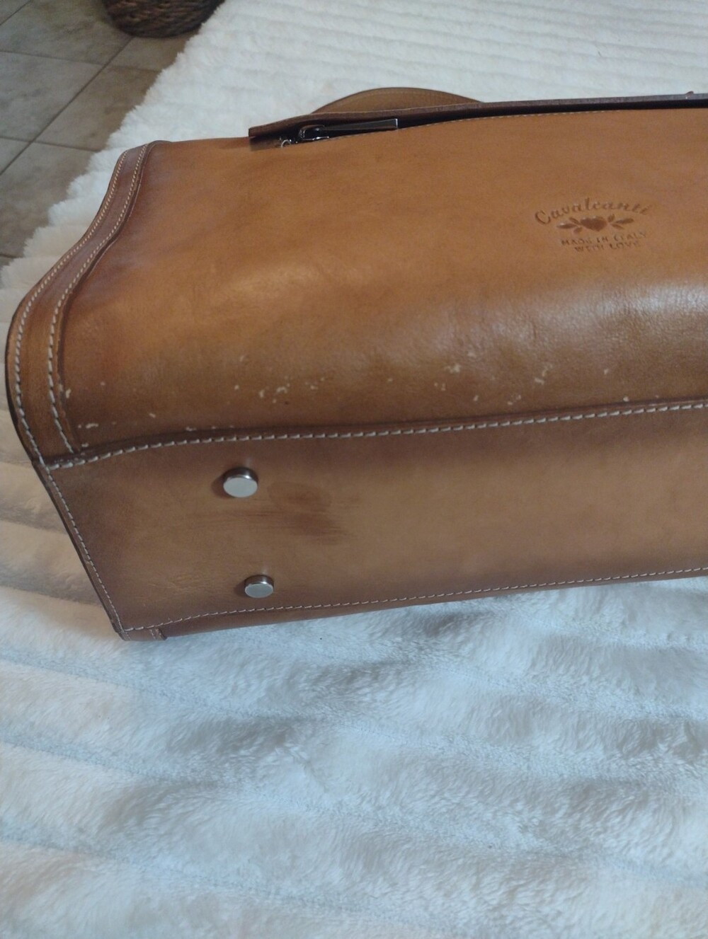 Cavalcanti Genuine Italian Leather Satchel Tan Burnished Extra Strap Red Lining - Picture 11 of 16